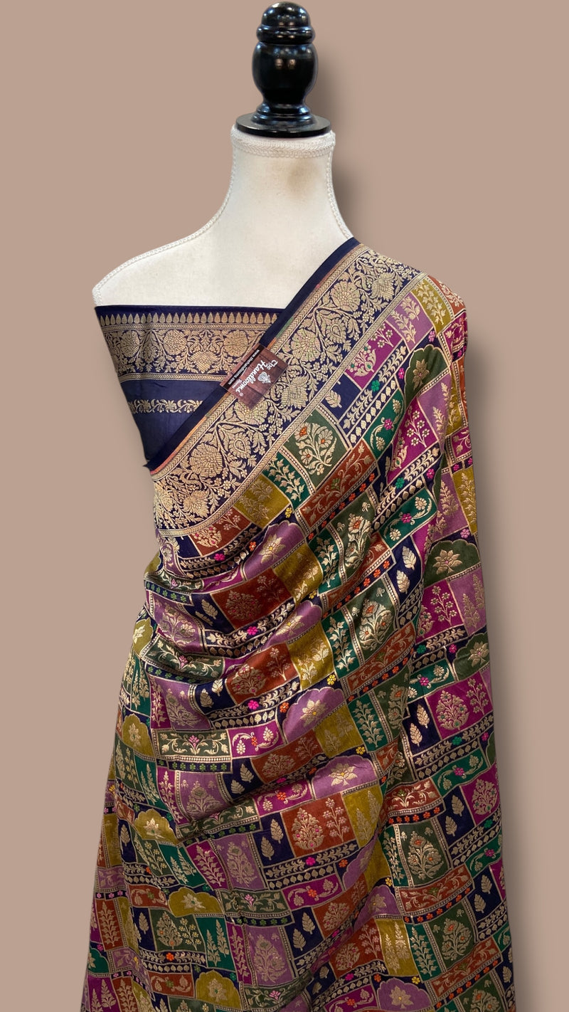 Multicolor Pure Katan Silk Banarasi Handloom Saree - All over Jaal Work With Rangkart - The Handlooms