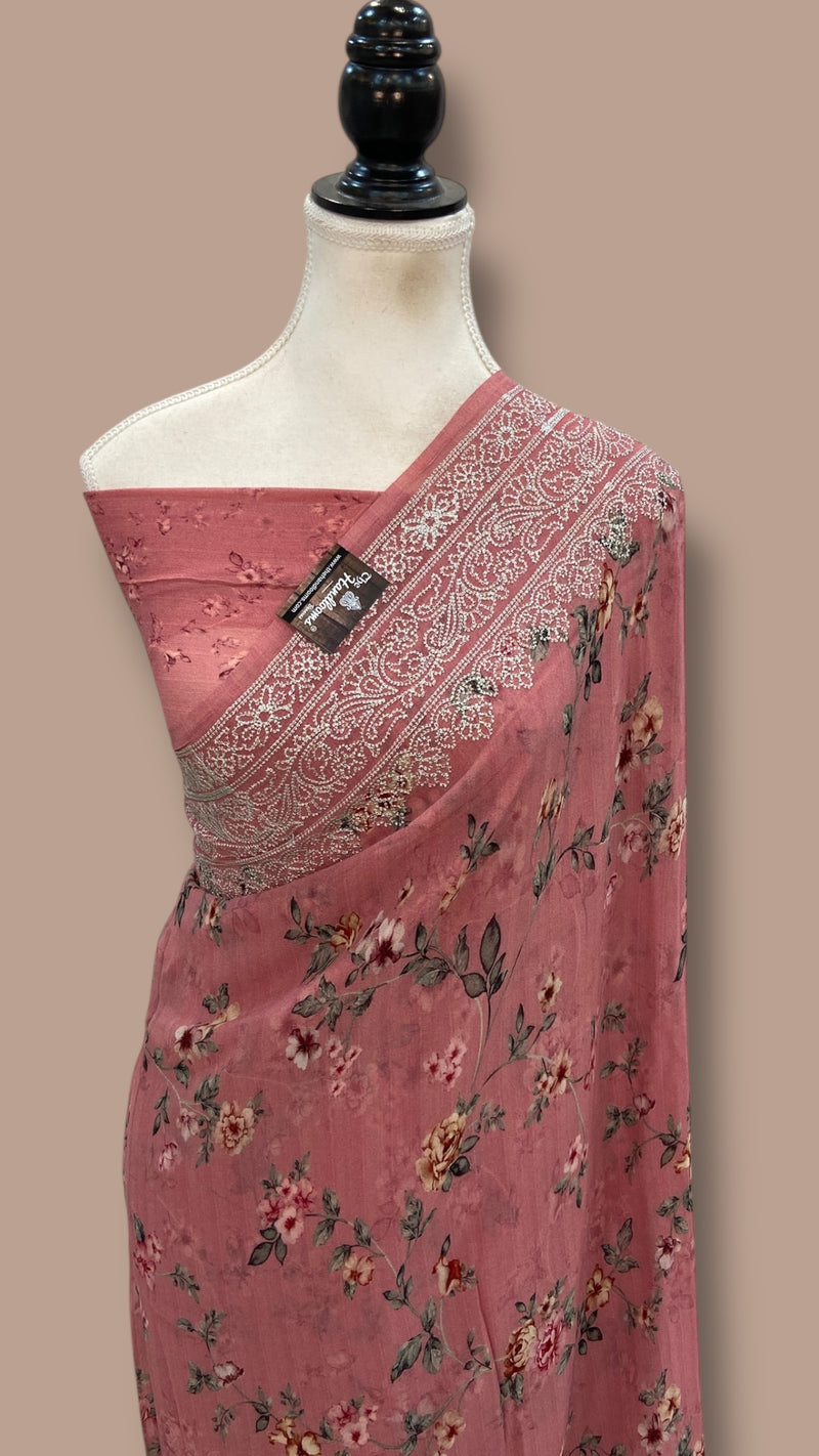 Pure Georgette Handloom Banarasi Saree - Digital Print With Chikankari