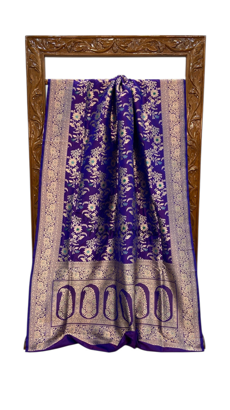 Pure Katan Silk Banarasi Handloom Saree - All over Jaal Work With Meenakari