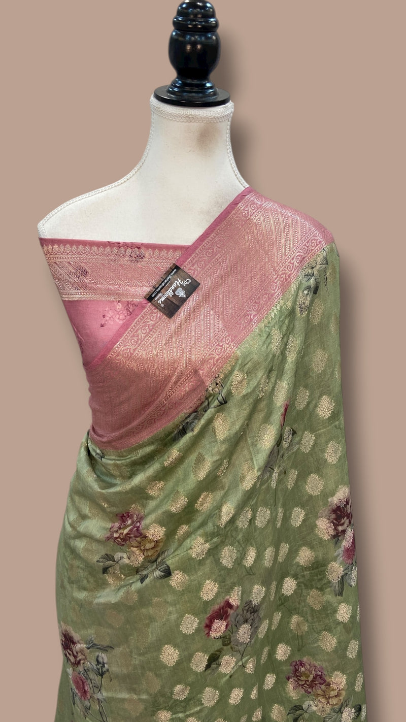 Pure Chiniya Silk Handloom Banarasi Saree Digital Print - The Handlooms