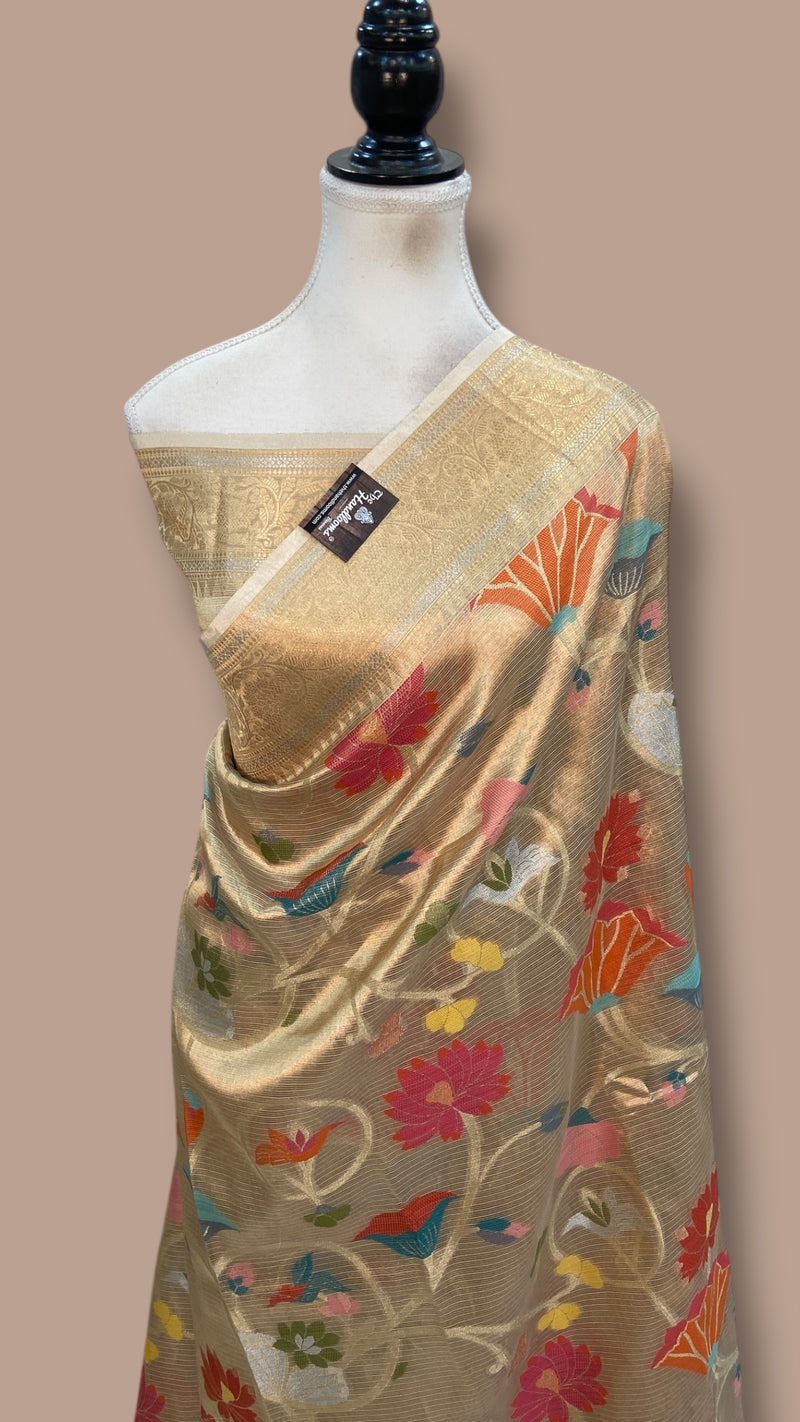 Pure Kora Tissue Handloom Banarasi Saree - Meenakari - The Handlooms