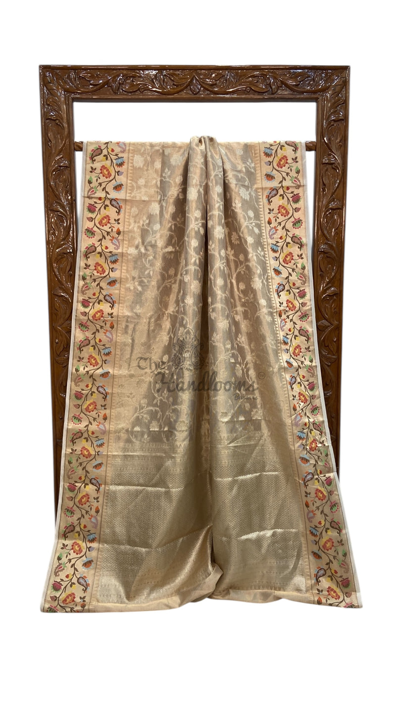 Pure Kora Tissue Handloom Banarasi Saree - Paithani Border - The Handlooms