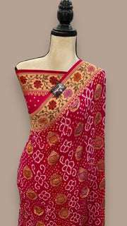 Pure Georgette Banarasi Bandhej Handloom Saree - with meenakari work - The Handlooms