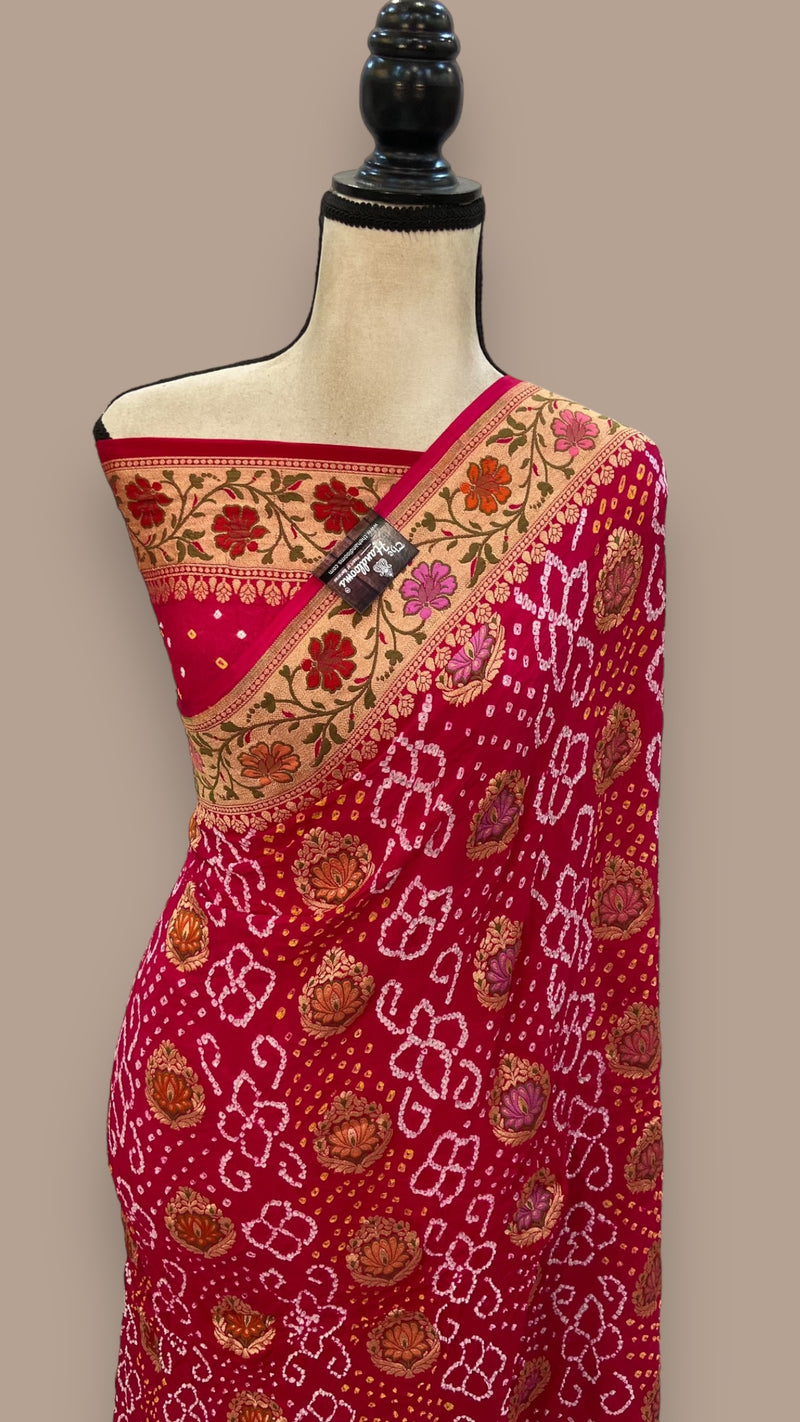 Pure Georgette Banarasi Bandhej Handloom Saree - with meenakari work - The Handlooms