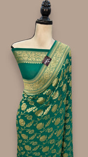 Green Pure Khaddi Georgette Handloom Banarasi Saree - Gold zari - The Handlooms