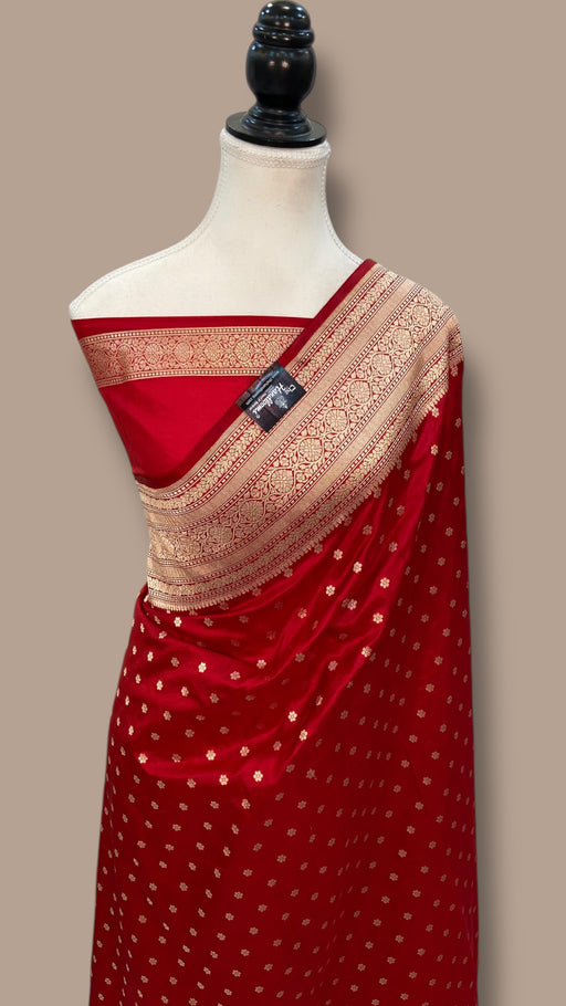 Red Pure Katan Silk Banarasi Handloom Saree - All Over Motifs - The Handlooms