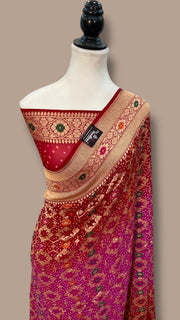 Pure Georgette Banarasi Bandhej Handloom Saree - with meenakari work - The Handlooms