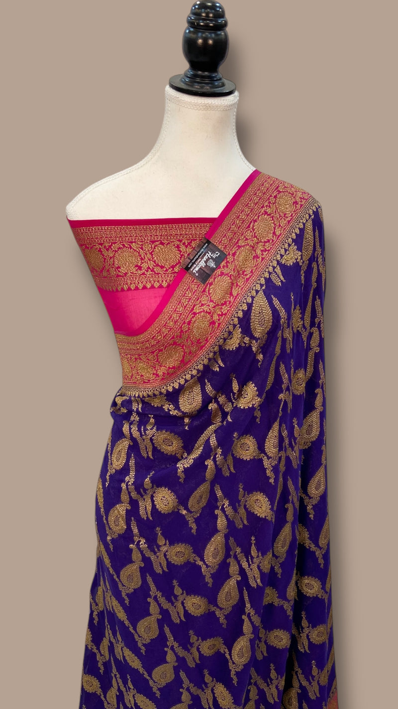 Khaddi Georgette Handloom Banarasi Saree - Antique Zari - The Handlooms