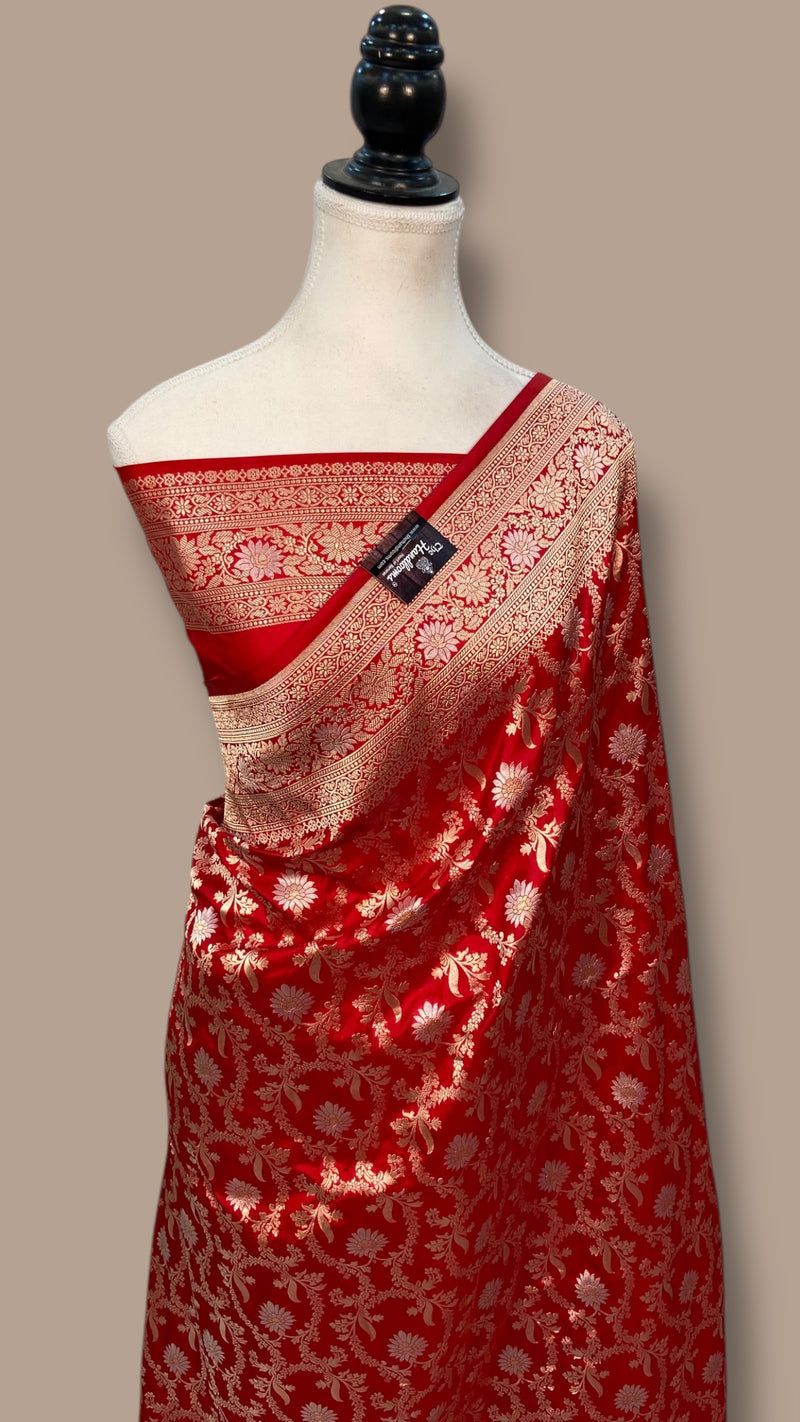 Pure Katan Silk Banarasi Handloom Saree - All over Sona Roopa Jaal Work - The Handlooms