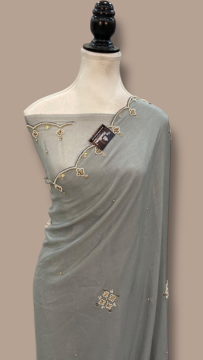 Pure Georgette Handloom Banarasi Saree with Handwork: Zardozi, Diamond Chain and Katdana - The Handlooms