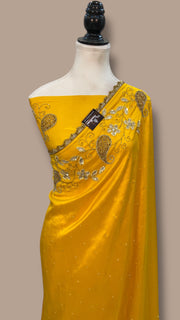 Pure katan Silk Handloom Banarasi Saree with Handwork: Zardozi, Diamond Chain, Katdana, and Abla Detailing - The Handlooms