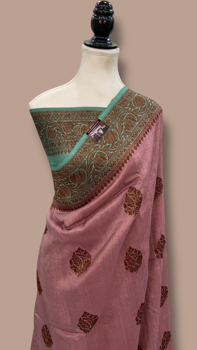Dusty Rose Pink Tussar Georgette Handloom Banarasi Saree - Antique Zari - The Handlooms
