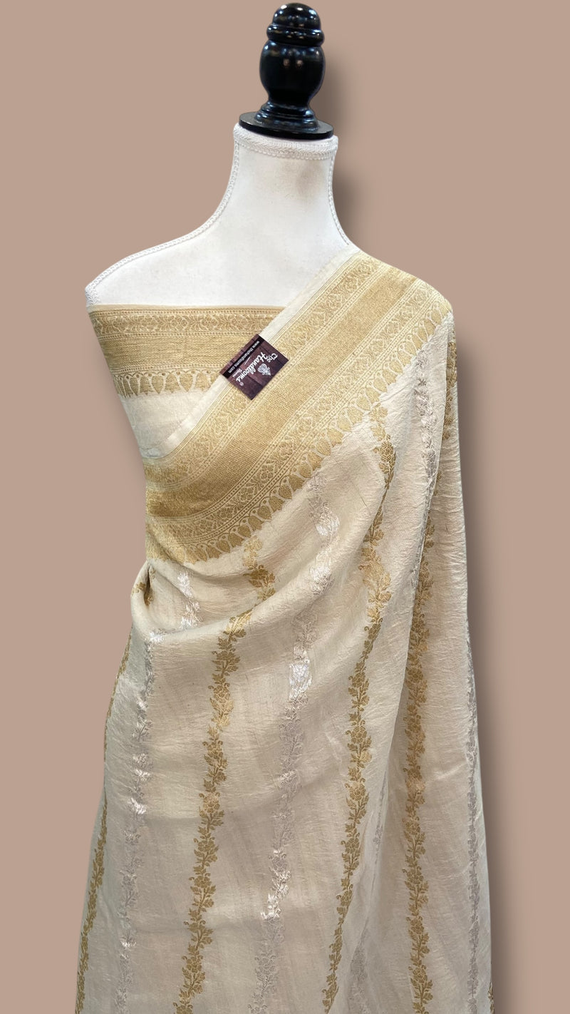 Tussar Georgette Handloom Banarasi Saree - All Over Kadua Stripe - The Handlooms
