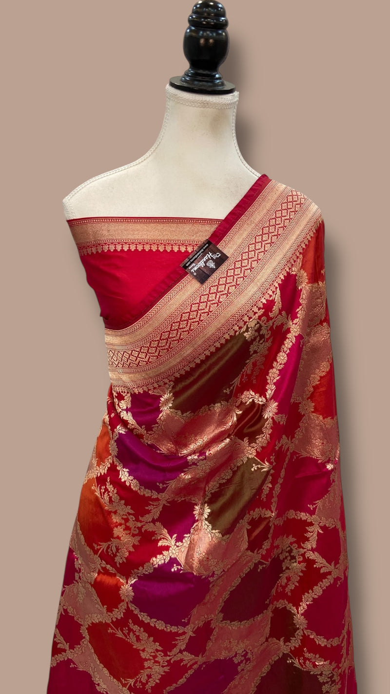 Multicolor Pure Katan Silk Banarasi Handloom Saree - All over Jaal Work With Rangkart - The Handlooms