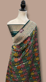 Multicolor Pure Katan Silk Banarasi Handloom Saree - All over Jaal Work With Rangkart - The Handlooms