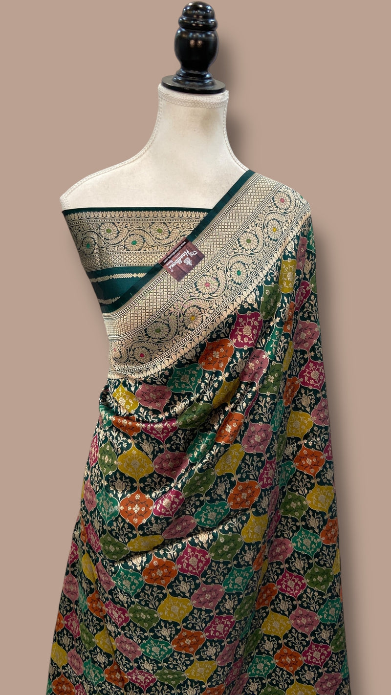 Multicolor Pure Katan Silk Banarasi Handloom Saree - All over Jaal Work With Rangkart - The Handlooms