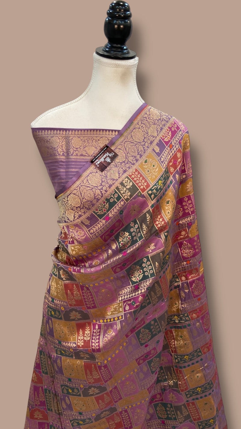 Multicolor Pure Katan Silk Banarasi Handloom Saree - All over Jaal Work With Rangkart - The Handlooms