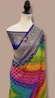 Pure Georgette Banarasi Bandhej Handloom Saree Multicolor - The Handlooms