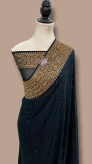 Khaddi Georgette Handloom Banarasi Saree with Handwork: Gota Patti, Zardozi, Diamond Chain, Katdana, and Abla Detailing - The Handlooms