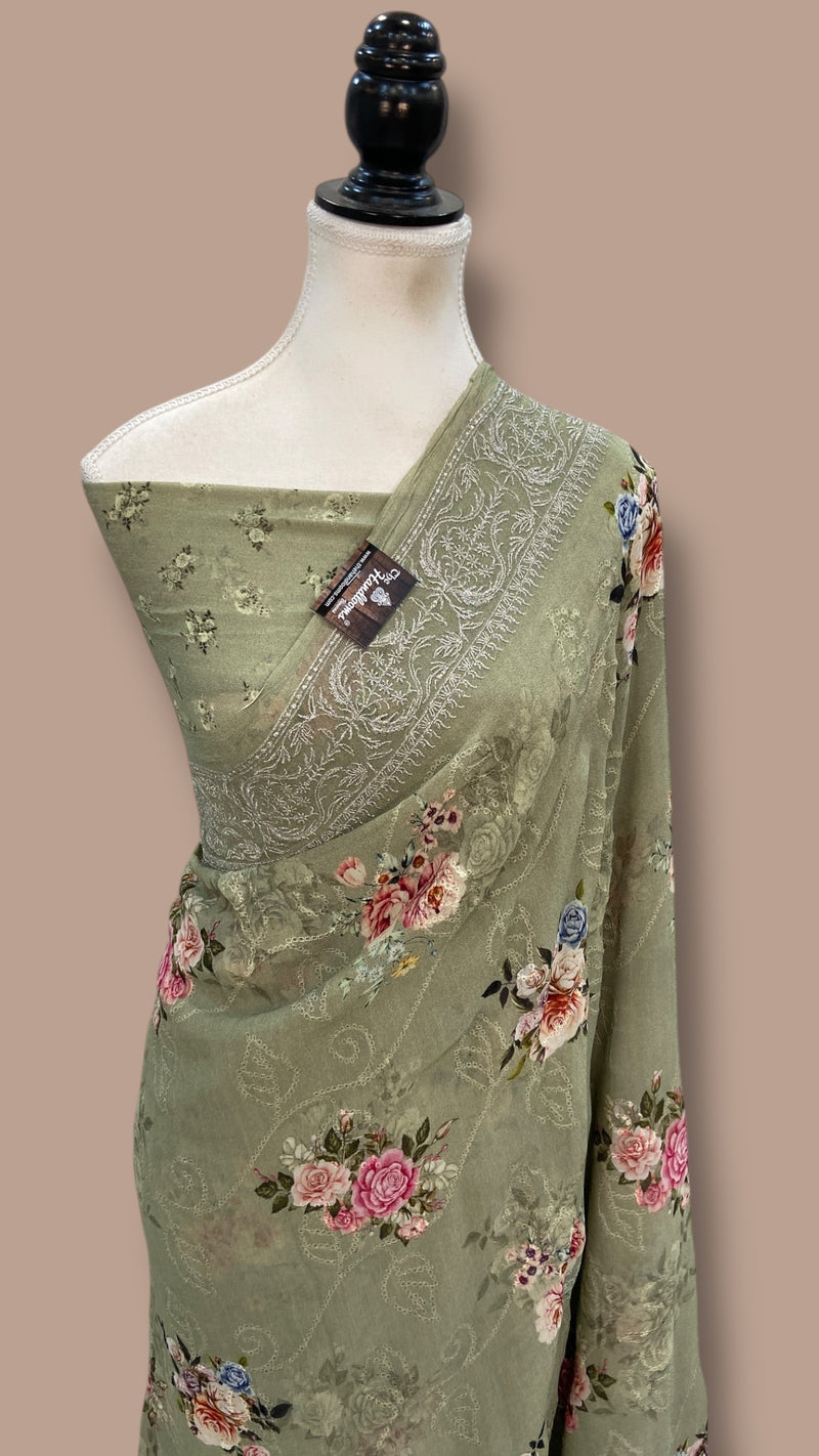 Pure Georgette Handloom Banarasi Saree - Digital Print With Chikankari