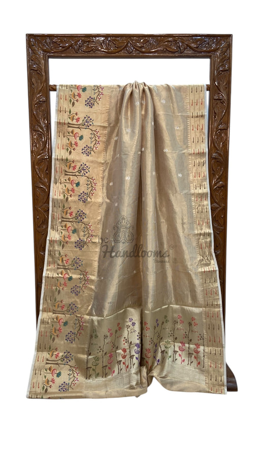 Pure Kora Tissue Handloom Banarasi Saree - Paithani Border - The Handlooms