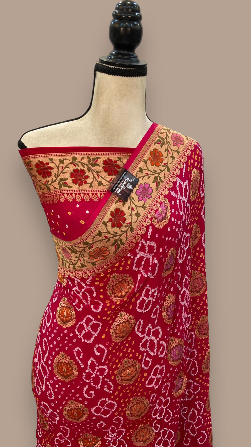 Pure Georgette Banarasi Bandhej Handloom Saree - with meenakari work - The Handlooms