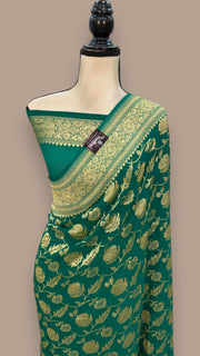 Green Pure Khaddi Georgette Handloom Banarasi Saree - Gold zari - The Handlooms
