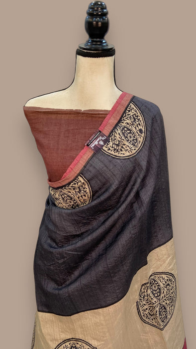 Pure Tussar Silk Handloom Banarasi Saree With Handprints