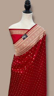 Red Pure Katan Silk Banarasi Handloom Saree - All Over Motifs - The Handlooms