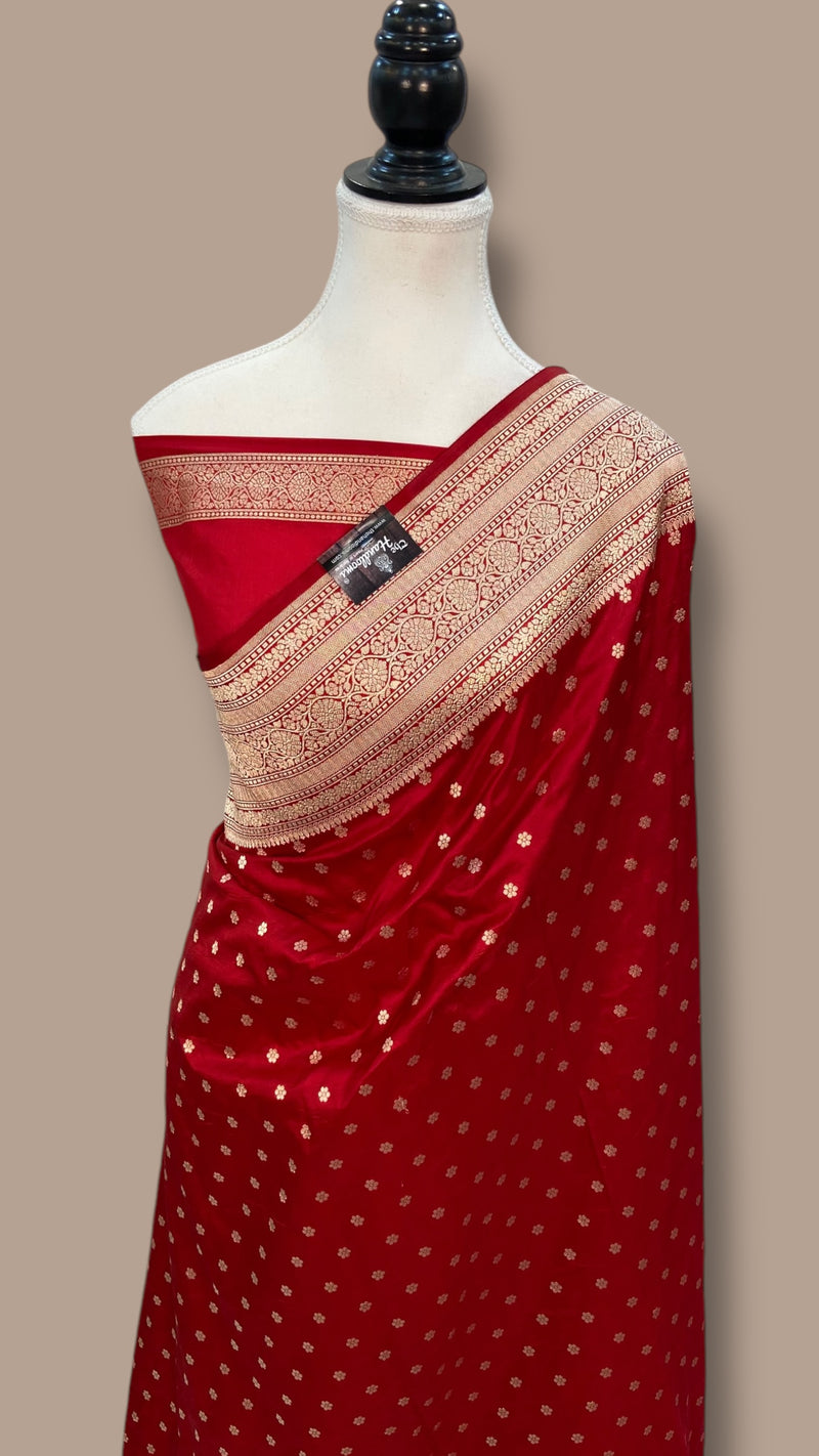 Red Pure Katan Silk Banarasi Handloom Saree - All Over Motifs - The Handlooms