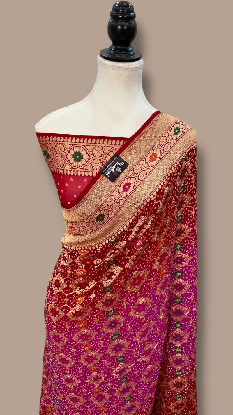 Pure Georgette Banarasi Bandhej Handloom Saree - with meenakari work - The Handlooms