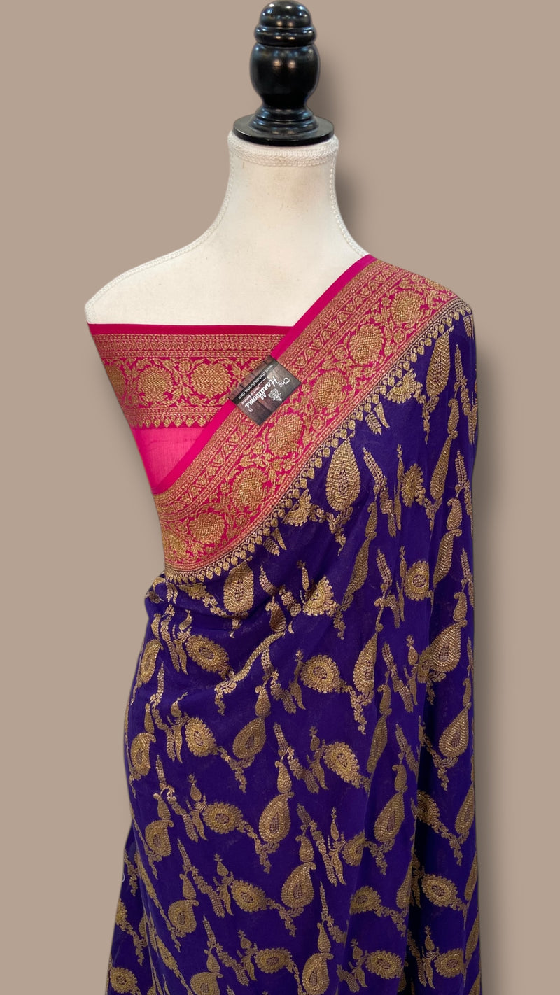Khaddi Georgette Handloom Banarasi Saree - Antique Zari - The Handlooms