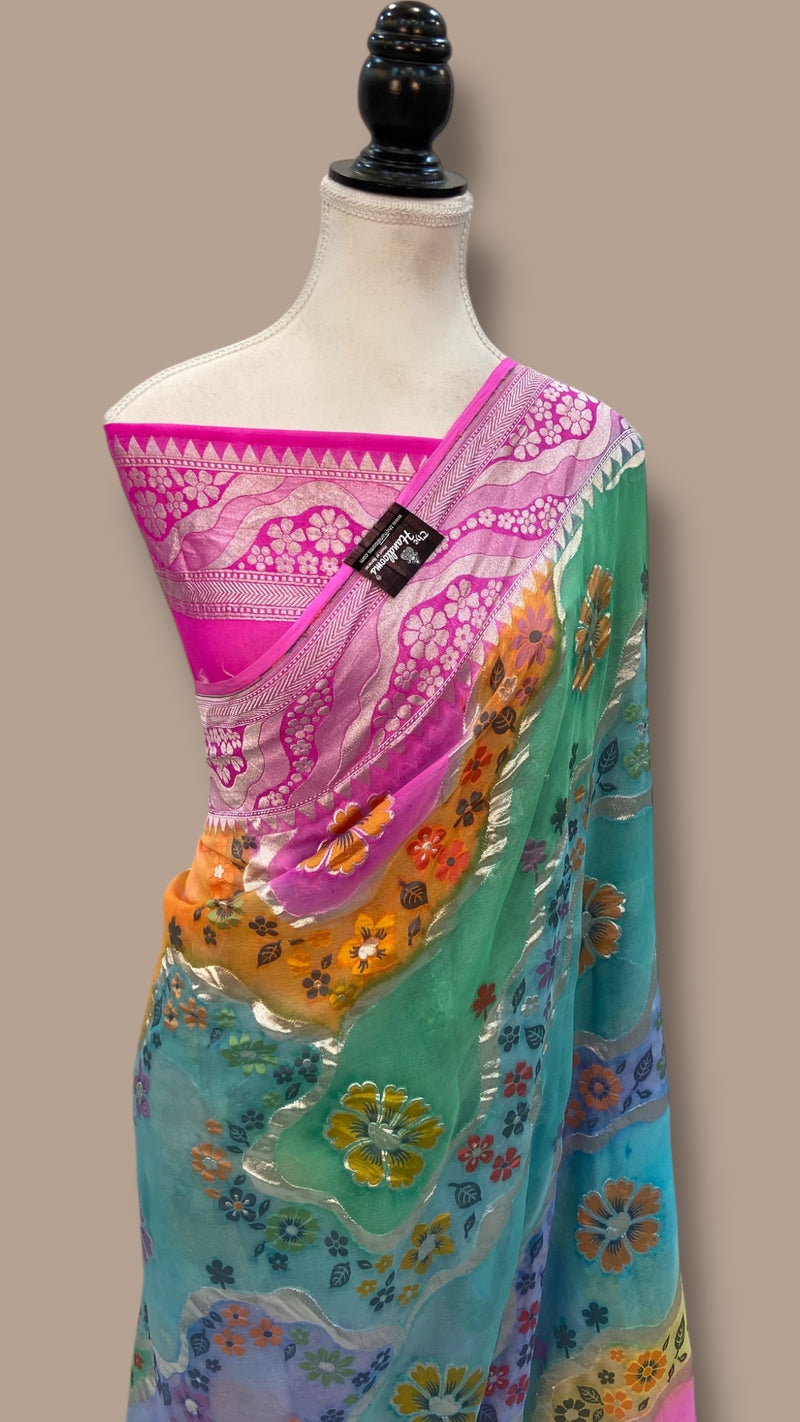 Khaddi Georgette Handloom Banarasi Saree - All Over Jaal Work with meenakari - The Handlooms
