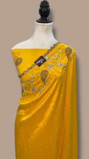 Pure katan Silk Handloom Banarasi Saree with Handwork: Zardozi, Diamond Chain, Katdana, and Abla Detailing - The Handlooms
