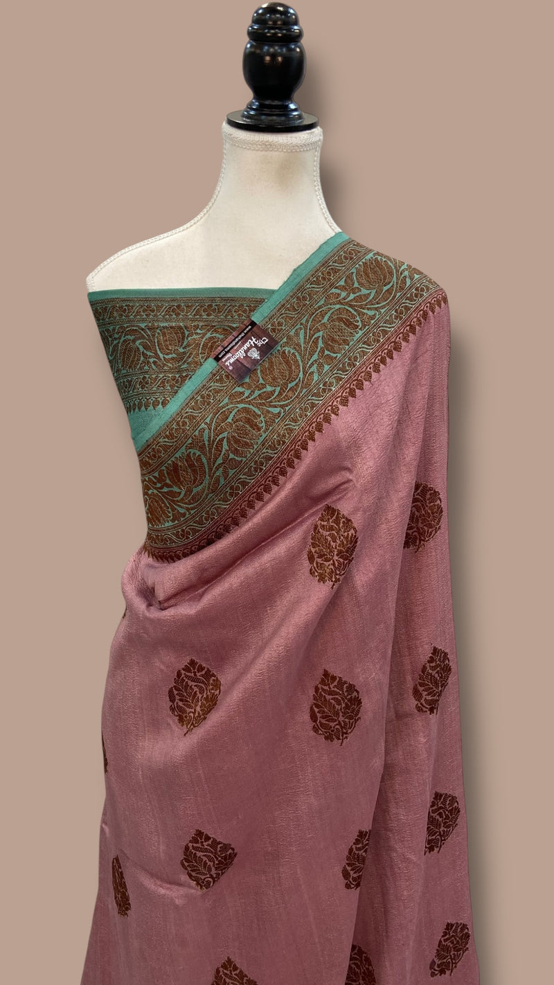 Dusty Rose Pink Tussar Georgette Handloom Banarasi Saree - Antique Zari - The Handlooms