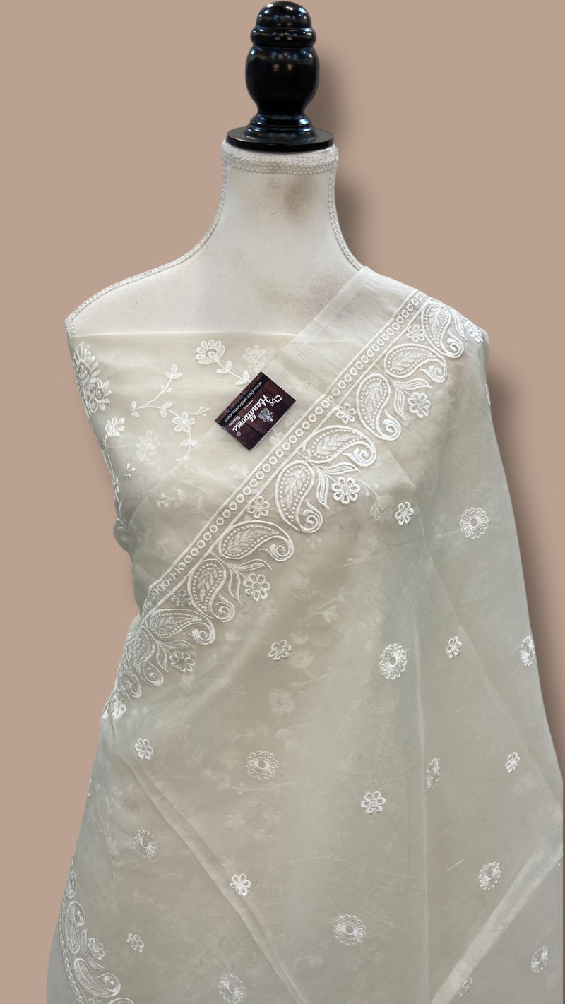 Pure Organza Chikankari Handloom Banarasi Dress Material - The Handlooms