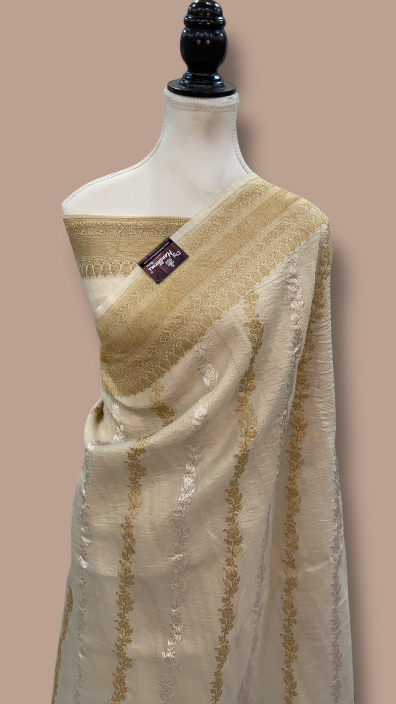 Tussar Georgette Handloom Banarasi Saree - All Over Kadua Stripe - The Handlooms