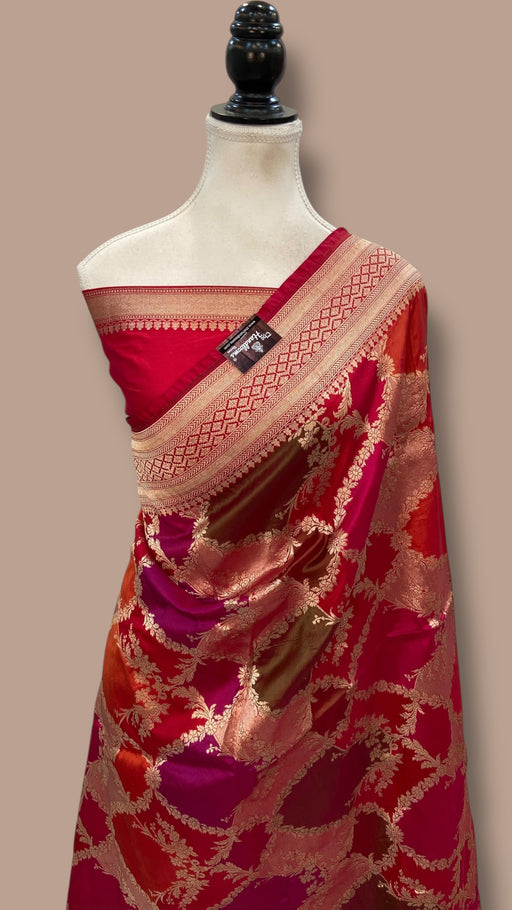 Multicolor Pure Katan Silk Banarasi Handloom Saree - All over Jaal Work With Rangkart - The Handlooms