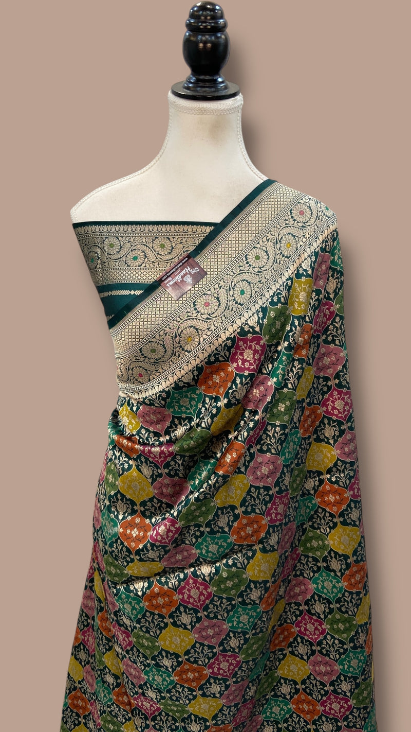 Multicolor Pure Katan Silk Banarasi Handloom Saree - All over Jaal Work With Rangkart - The Handlooms