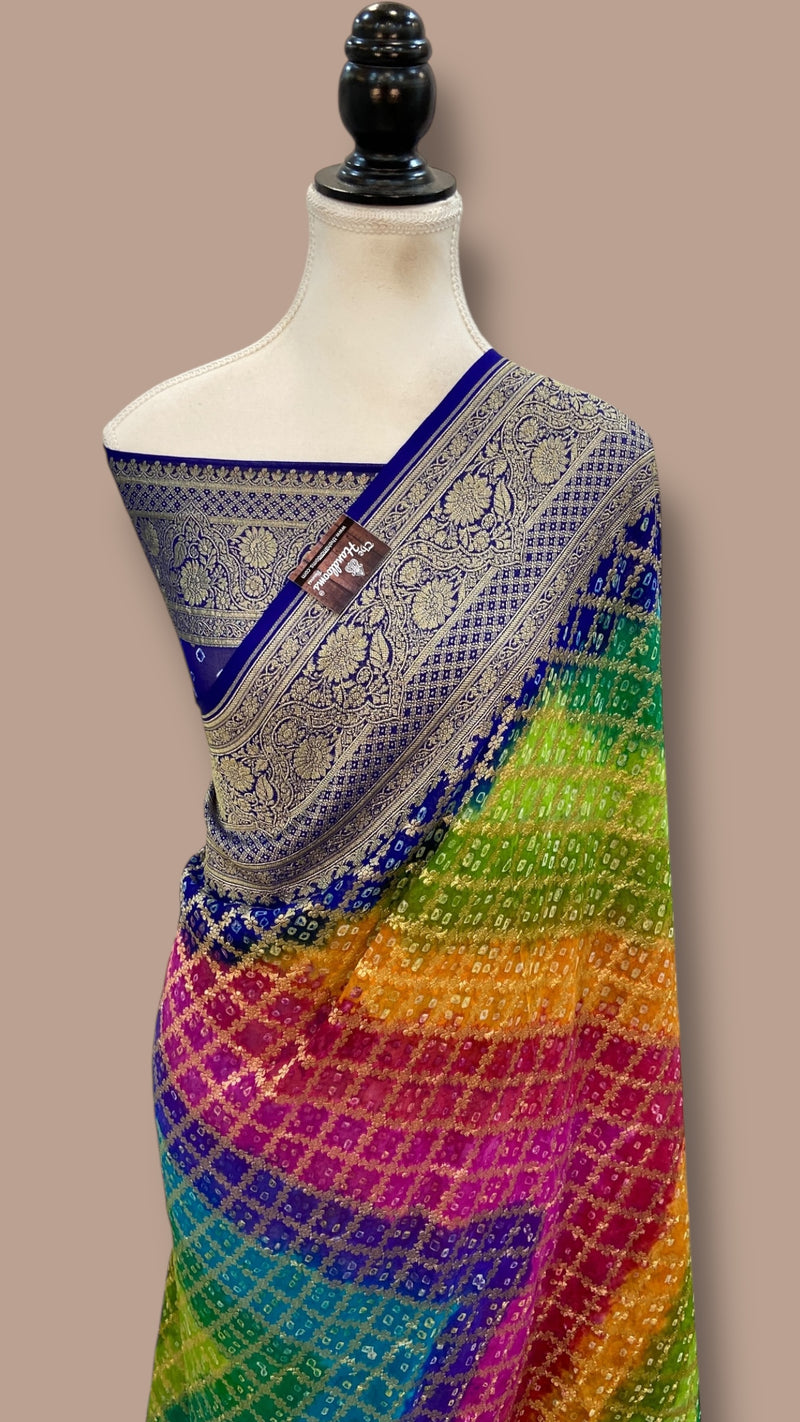 Pure Georgette Banarasi Bandhej Handloom Saree Multicolor - The Handlooms