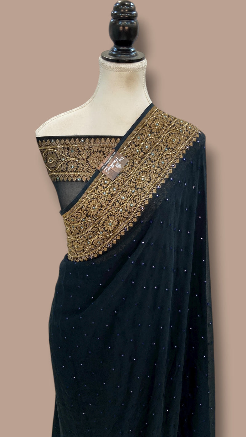 Khaddi Georgette Handloom Banarasi Saree with Handwork: Gota Patti, Zardozi, Diamond Chain, Katdana, and Abla Detailing - The Handlooms