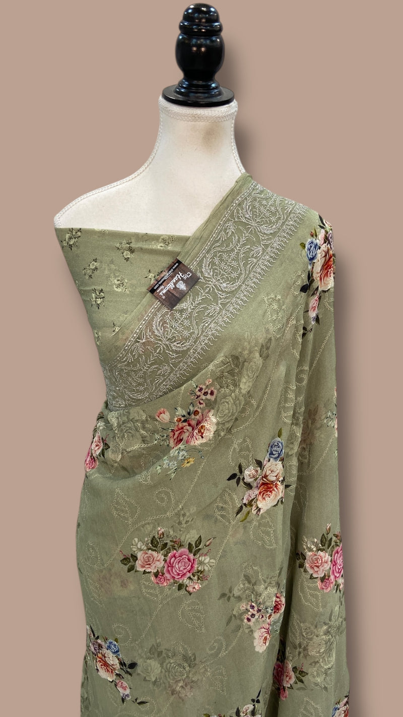 Pure Georgette Handloom Banarasi Saree - Digital Print With Chikankari