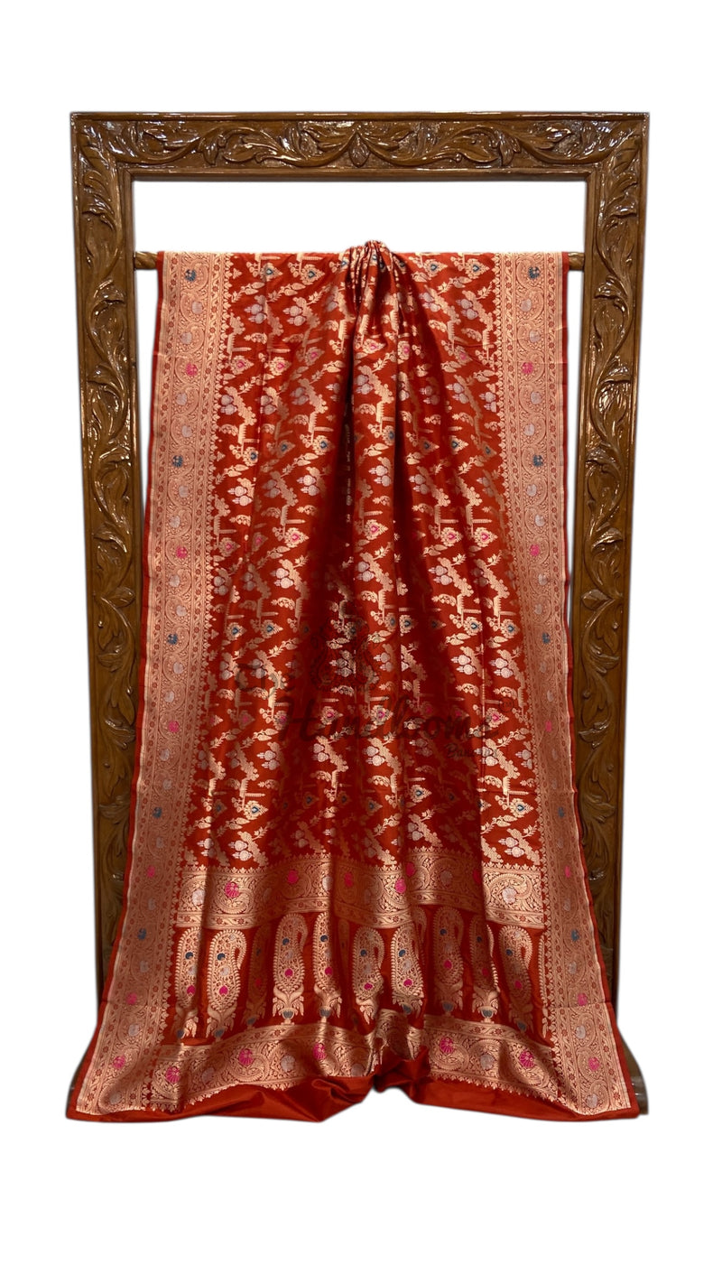 Pure Katan Silk Banarasi Handloom Saree - All over Jaal Work With Meenakari