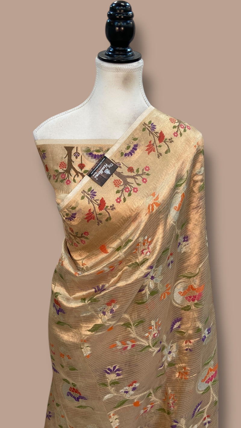 Pure Kora Tissue Handloom Banarasi Saree - Paithani Border - The Handlooms