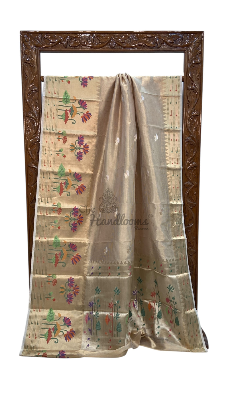 Pure Kora Tissue Handloom Banarasi Saree - Paithani Border - The Handlooms