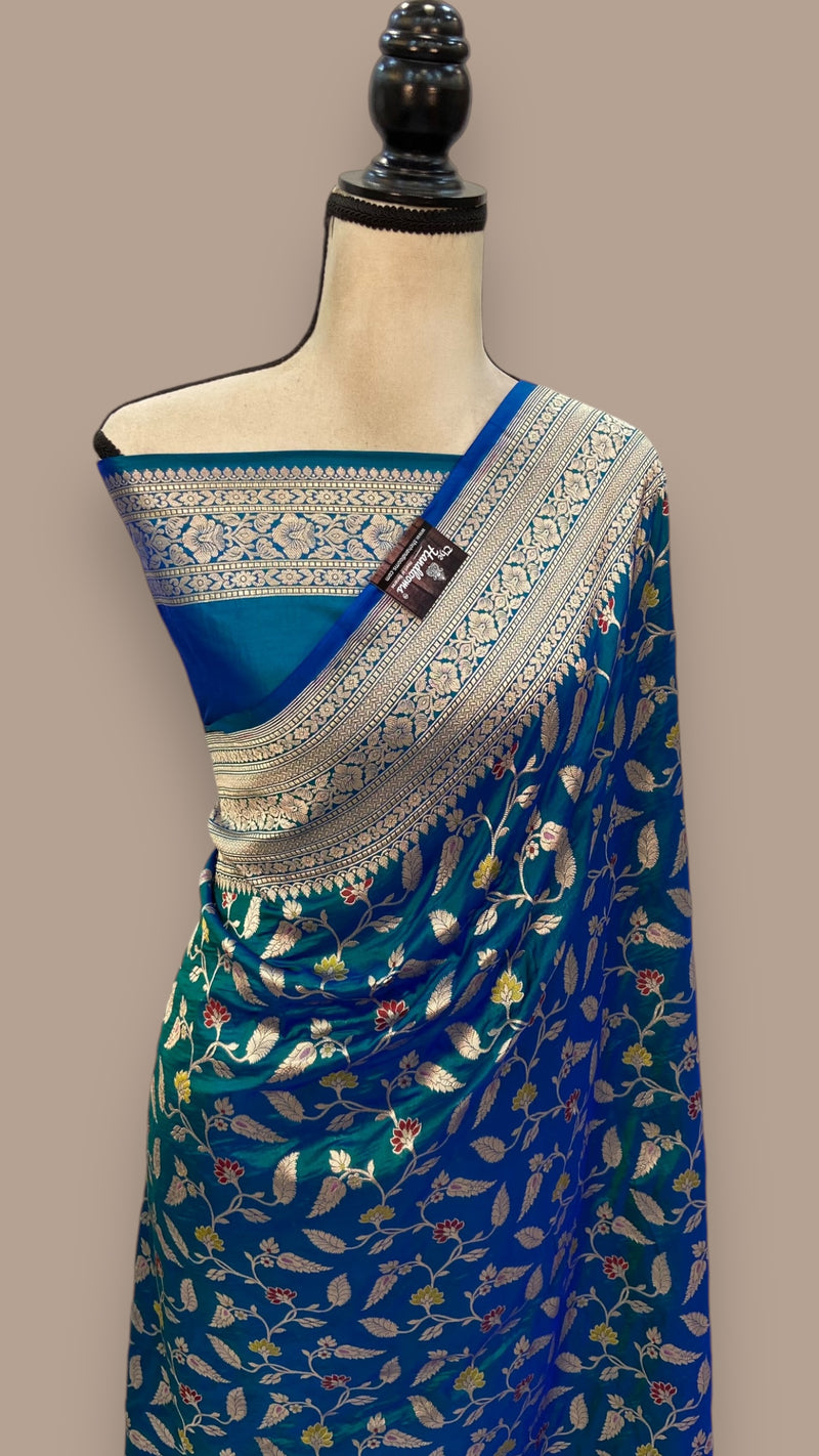 German Blue Pure Katan Silk Banarasi Handloom Saree - All over Jaal work with Meenakari - The Handlooms