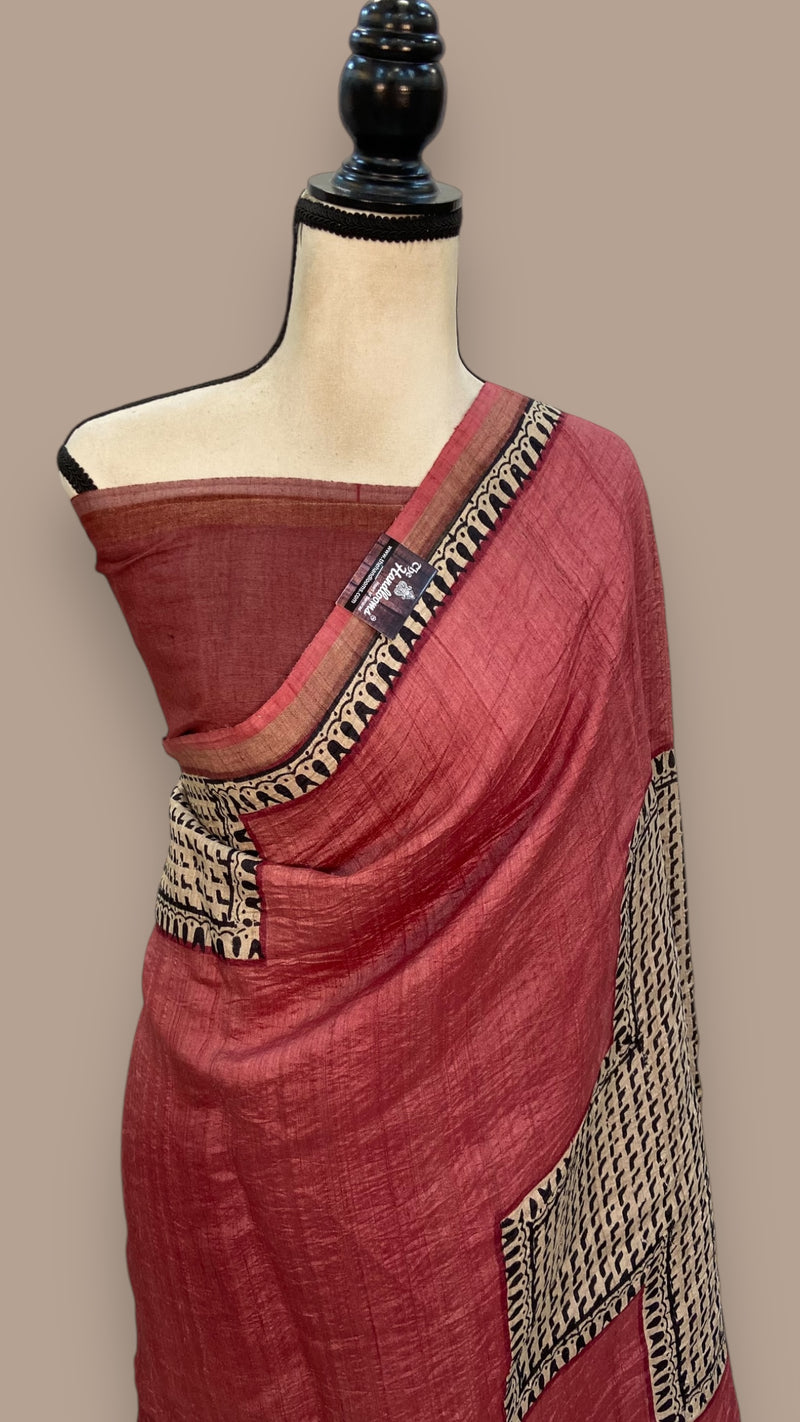 Pure Tussar Silk Handloom Banarasi Saree With Handprints - The Handlooms