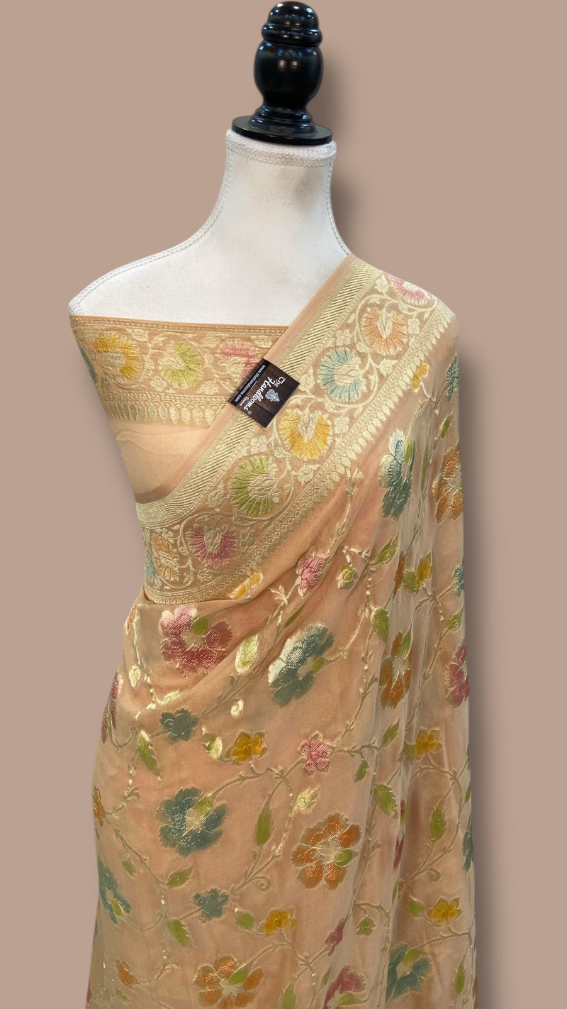 Beige Khaddi Georgette Banarasi Saree - water zari - The Handlooms