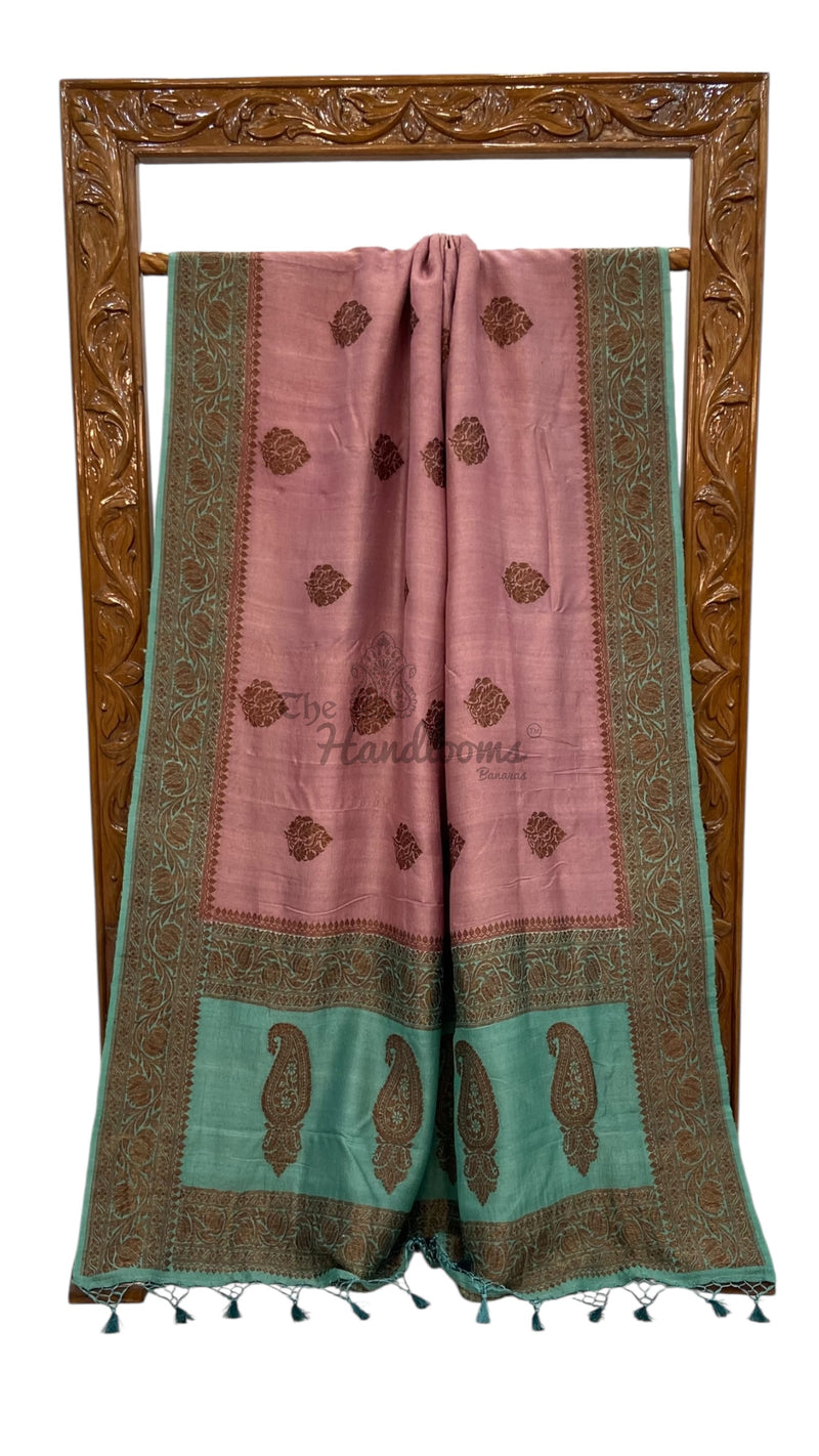 Dusty Rose Pink Tussar Georgette Handloom Banarasi Saree - Antique Zari - The Handlooms