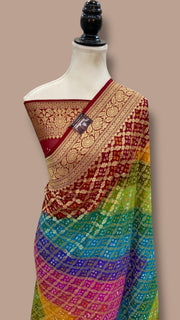 Pure Georgette Banarasi Bandhej Handloom Saree Multicolor - The Handlooms